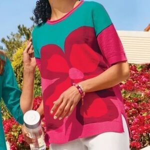 Soft Surroundings 100% Cotton Retro Floral Knit Sweater Top